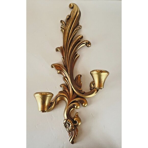 Vintage Mid Century Durwood Gold Wall Sconce Double Arm Candle Holder 15.5” - Picture 2 of 7